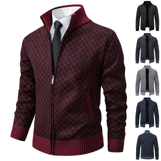 Thickened Plaid Print Jacket Cardigan Fashion Slim Fit Zipper Stand Collar Sweater Winter Men's Casual Long Sleeve Knitted Top Clothing