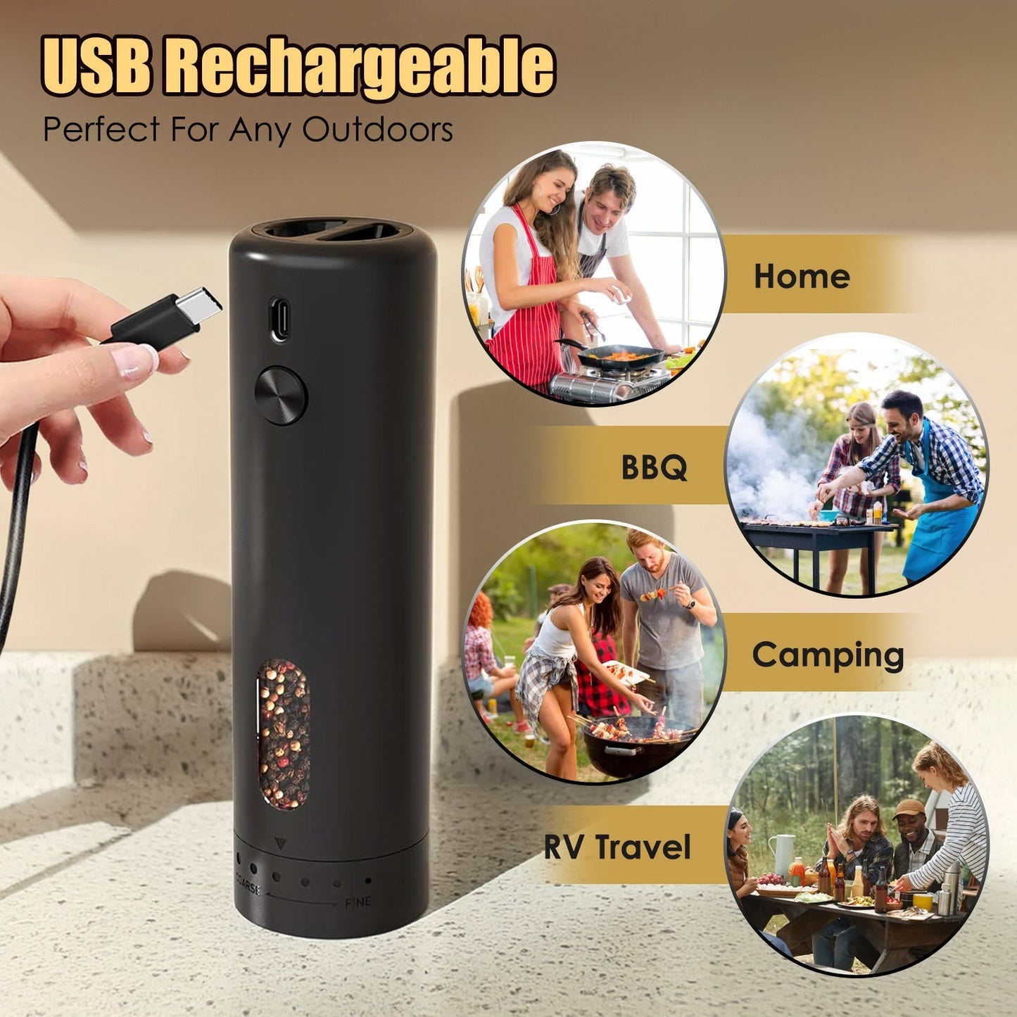 1Pc  Electric Pepper Grinder USB Rechargeable Pepper Mill Automatic Salt Grinder With 6 Adjustable Coarseness LED Light 110ML Container One Hand Operation For Kitchen Essential