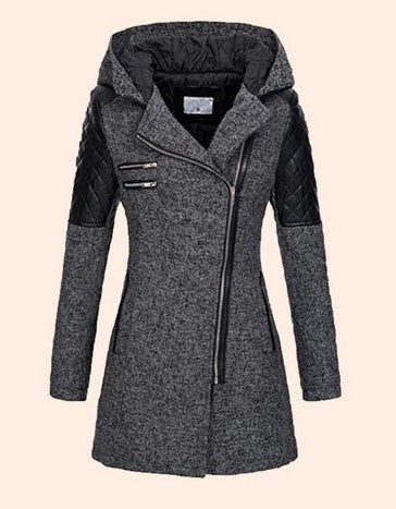 Women Warm Slim Full Zipper Coat Thick Woolen Coat Female Fall Winter Windbreaker Hooded Diagonal Zipper Women's Clothing