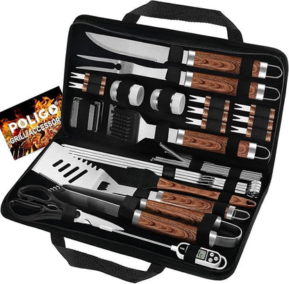 POLIGO 29 PCS BBQ Grill Accessories Stainless Steel BBQ Tools Grilling Tools Set With Storage Bag For Fathers Day Dads Birthday Presents - Camping Grill Utensils Set Ideal Grilling Gifts For Men Women