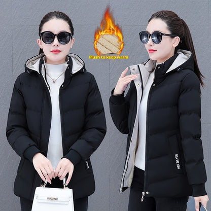 Winter Fleece-lined Thick Middle-aged Mom's Lamb Fleece Hooded Down Cotton Coat For Women