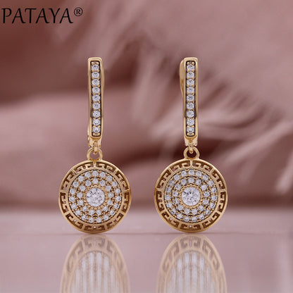 Full Diamond Round Earrings Champagne Gold Plated