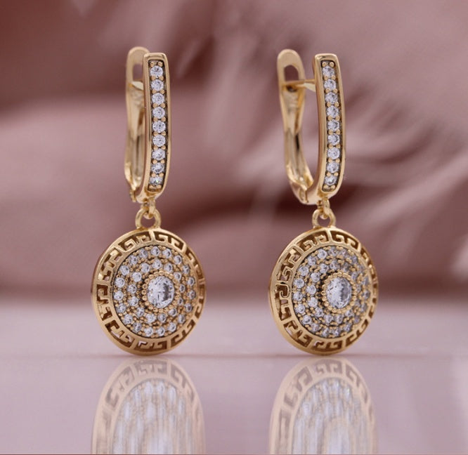 Full Diamond Round Earrings Champagne Gold Plated