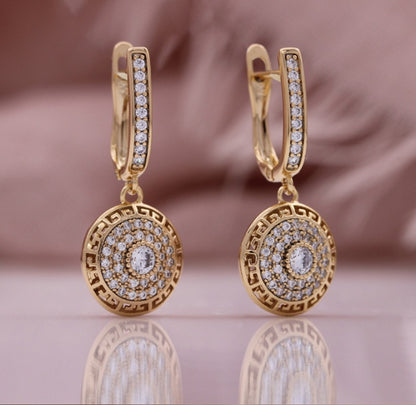 Full Diamond Round Earrings Champagne Gold Plated