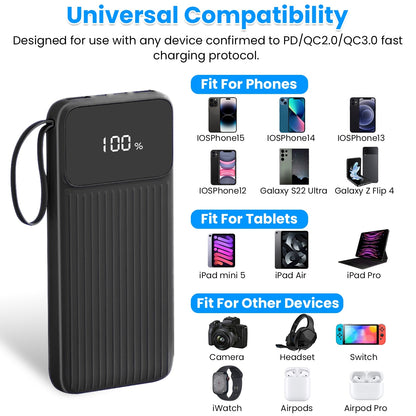 1Pc PD22W Fast Charger 20000mAh Fast Charging Power Bank Portable Charger With 4 Inbuilt Cables Digital Display Handle Fit For IOSPhone 15 14 Android And More
