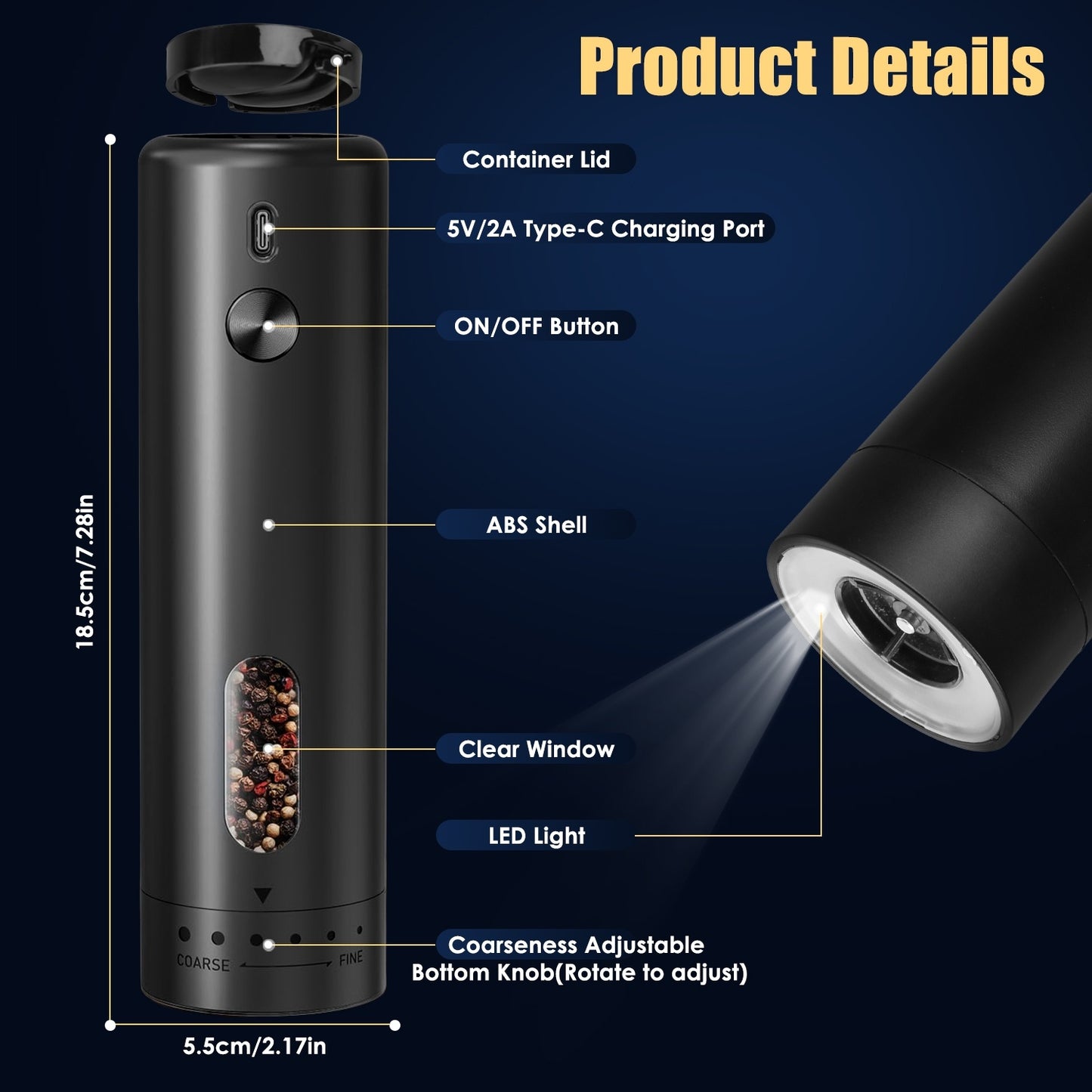 1Pc  Electric Pepper Grinder USB Rechargeable Pepper Mill Automatic Salt Grinder With 6 Adjustable Coarseness LED Light 110ML Container One Hand Operation For Kitchen Essential