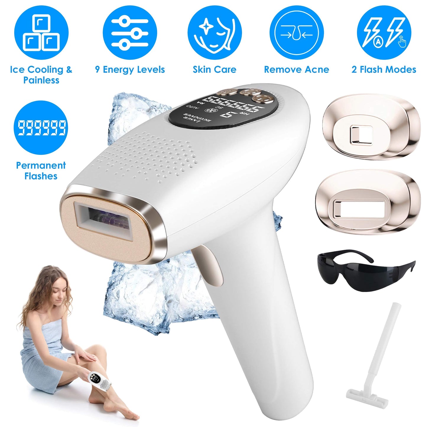 3 In 1 Ice Cooling Laser Hair Removal Painless Permanent At-Home IPL Hair Removal With 999,999 Flashes 9 Energy Levels 2 Modes For Armpits Legs Arms Bikini Line